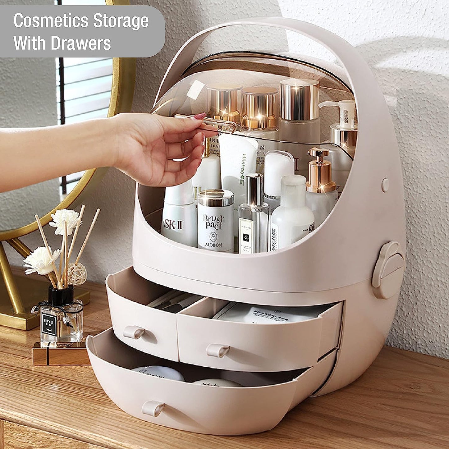 Makeup Cosmetic Organizer-Cosmetics, Skincare and Beauty Case with Transparent Bubble top Display and 3 Drawers (Vintage Pink)