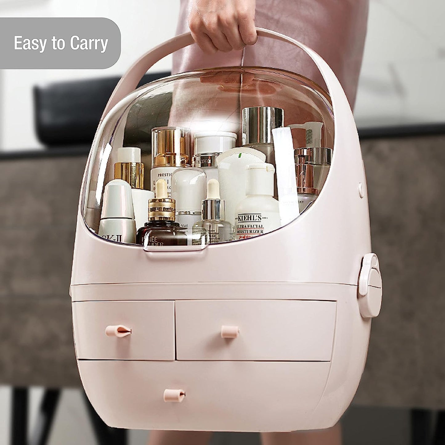 Makeup Cosmetic Organizer-Cosmetics, Skincare and Beauty Case with Transparent Bubble top Display and 3 Drawers (Vintage Pink)