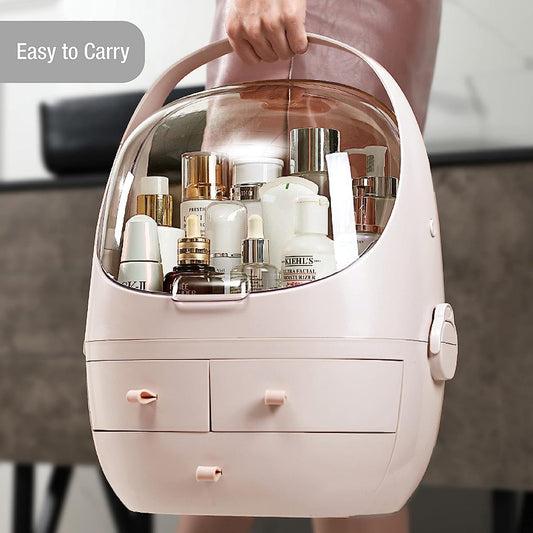 Makeup Cosmetic Organizer-Cosmetics, Skincare and Beauty Case with Transparent Bubble top Display and 3 Drawers (Vintage Pink)