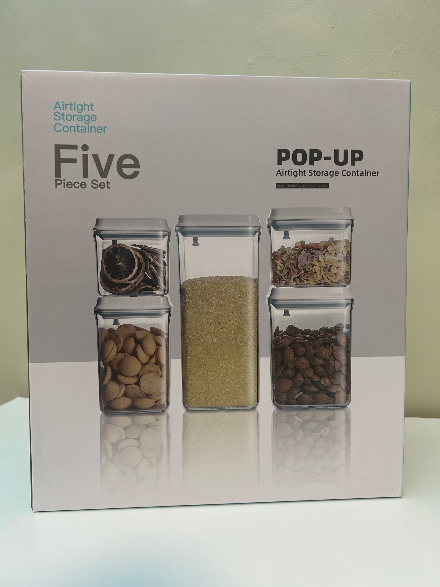 Airtight Container, 5 pcs set --Square, 500x1, 850x1,  900x1, 1500x1, 2500x1, Grey lid