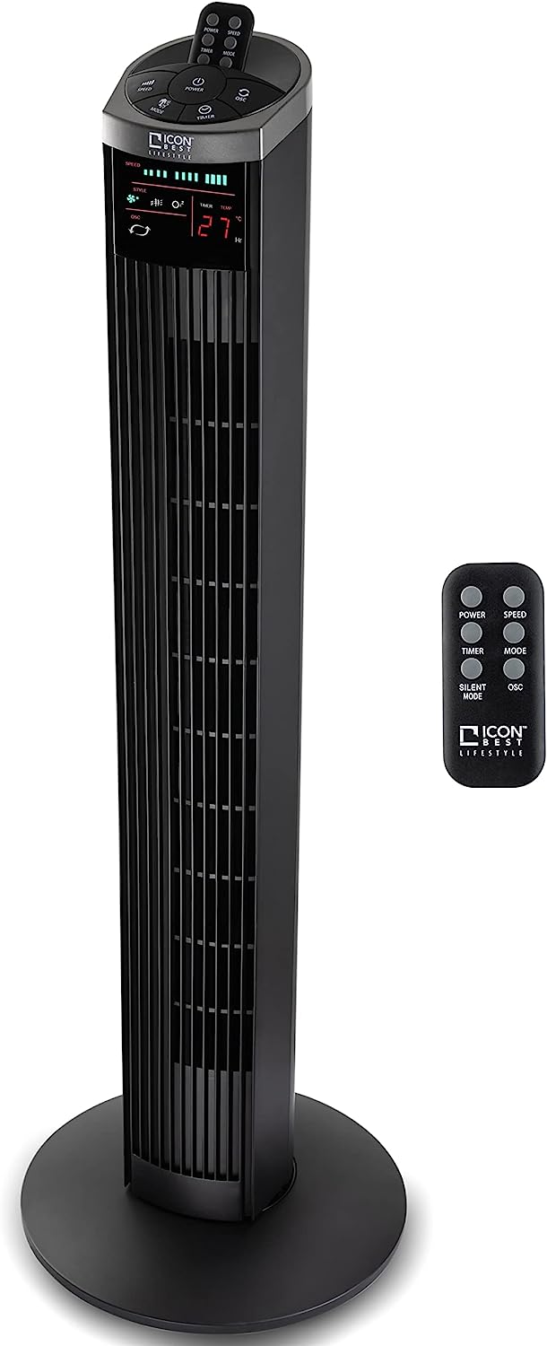36-inch Oscillating Tower Fan with 3 Speed, 3 Breeze mode, LED display, Auto-Timer, and Remote Control