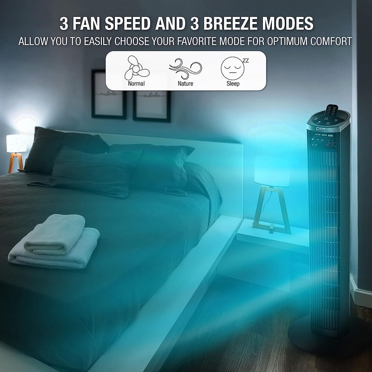 36-inch Oscillating Tower Fan with 3 Speed, 3 Breeze mode, LED display, Auto-Timer, and Remote Control