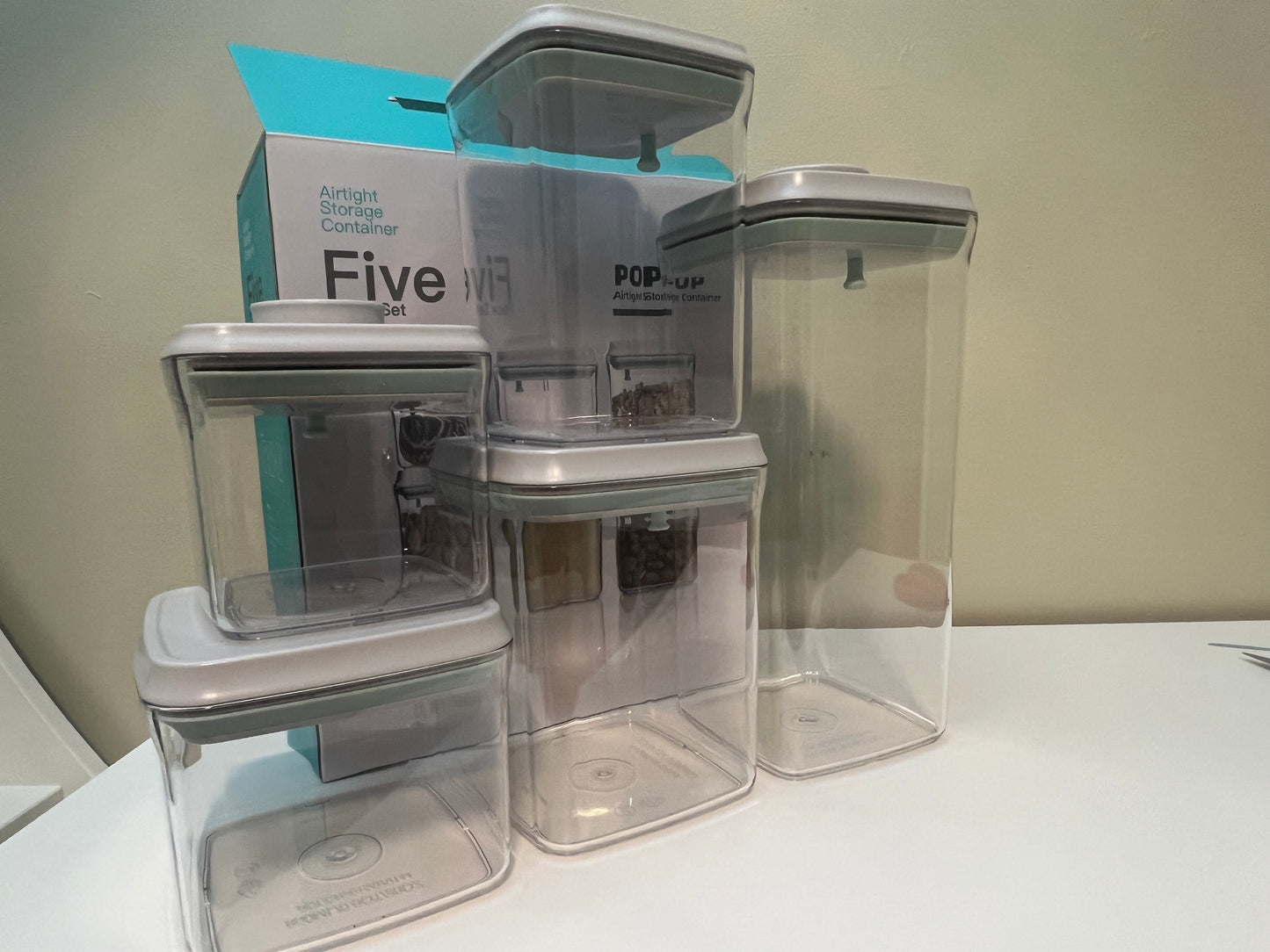 Airtight Container, 5 pcs set --Square, 500x1, 850x1,  900x1, 1500x1, 2500x1, Grey lid