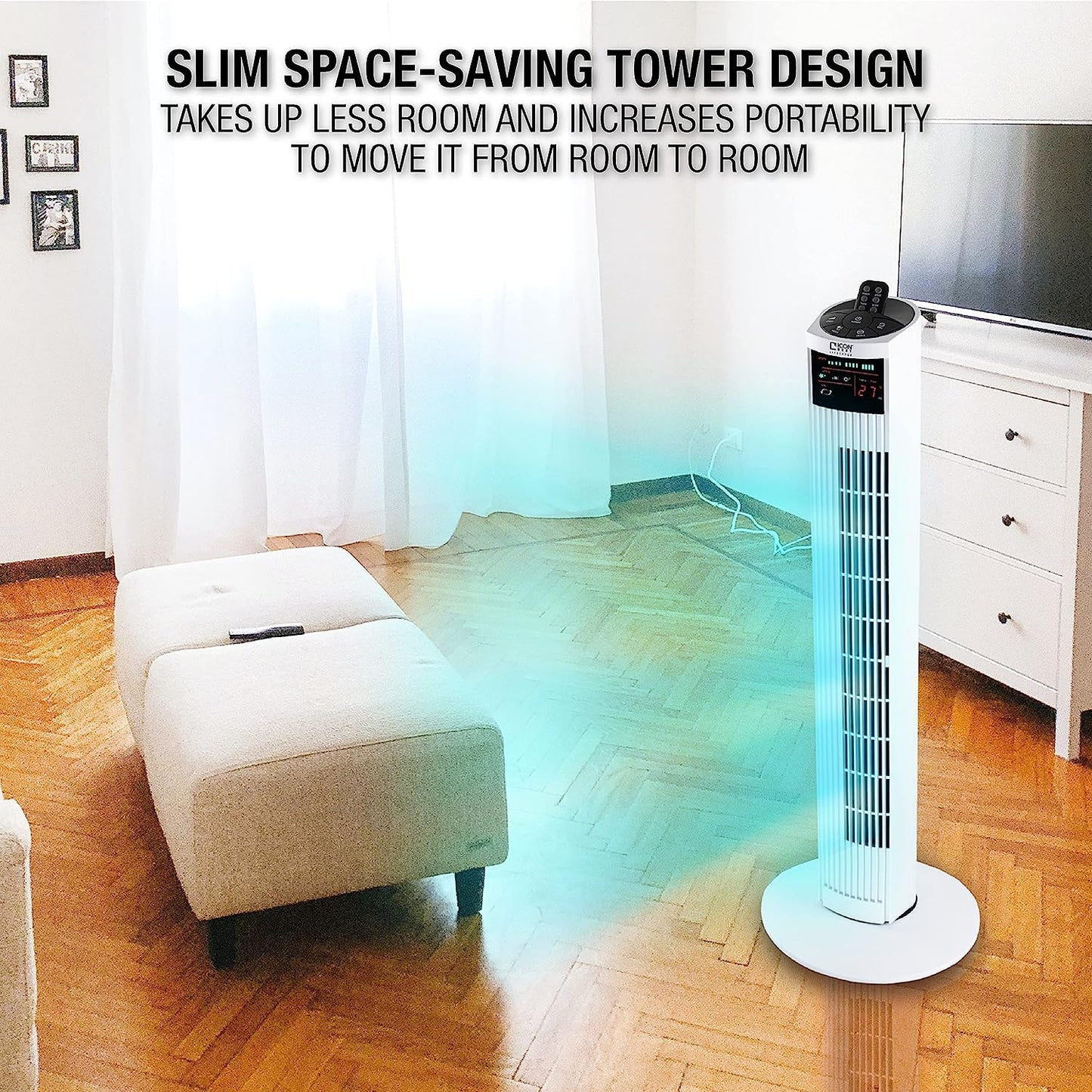 36-inch Oscillating Tower Fan with 3 Speed, 3 Breeze mode, LED display, Auto-Timer, and Remote Control