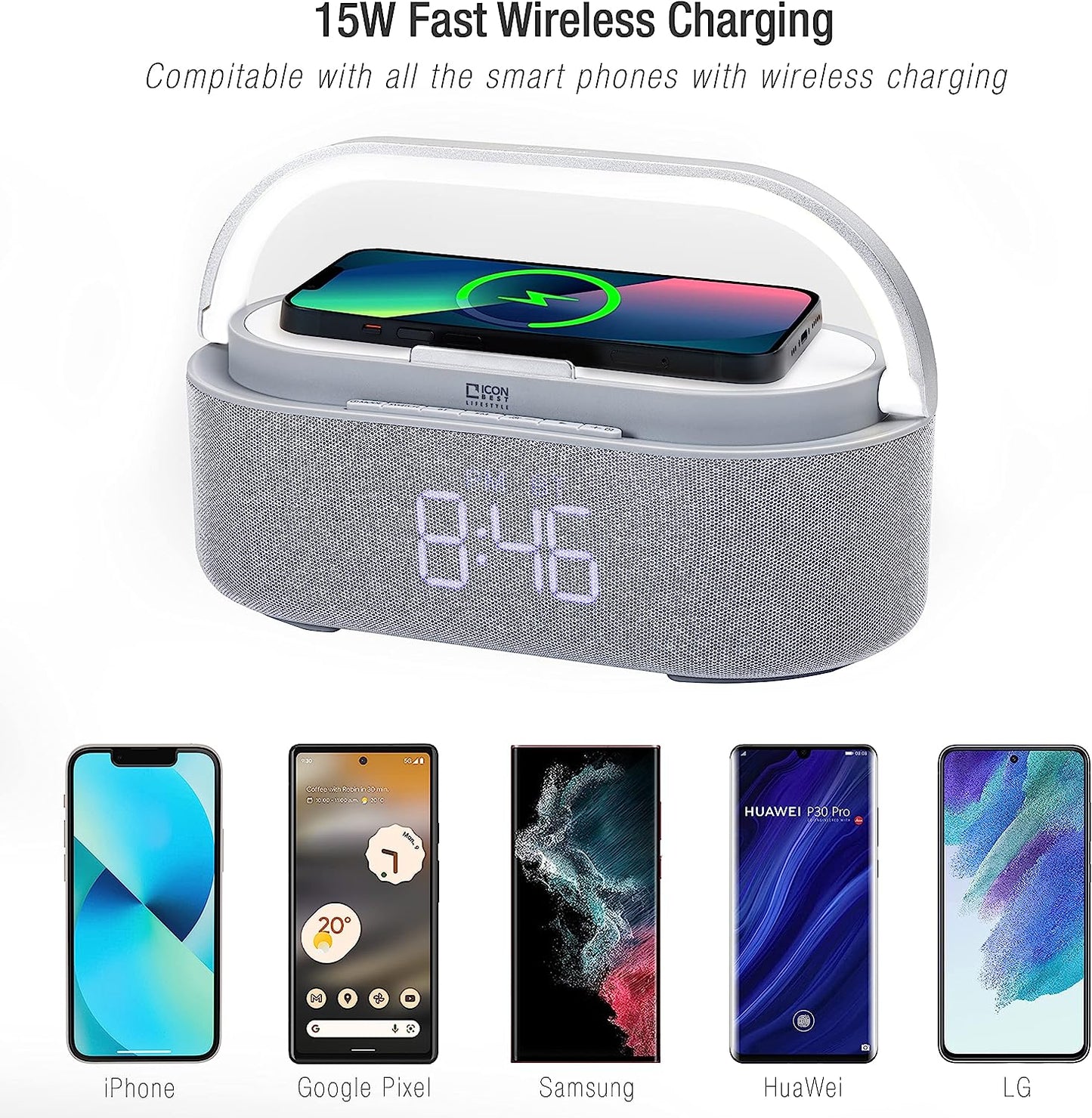 Multi-Function LED Lamp with Digital Alarm Clock, Qi Wireless Charging Pad, Speaker, FM Radio, Touch Control