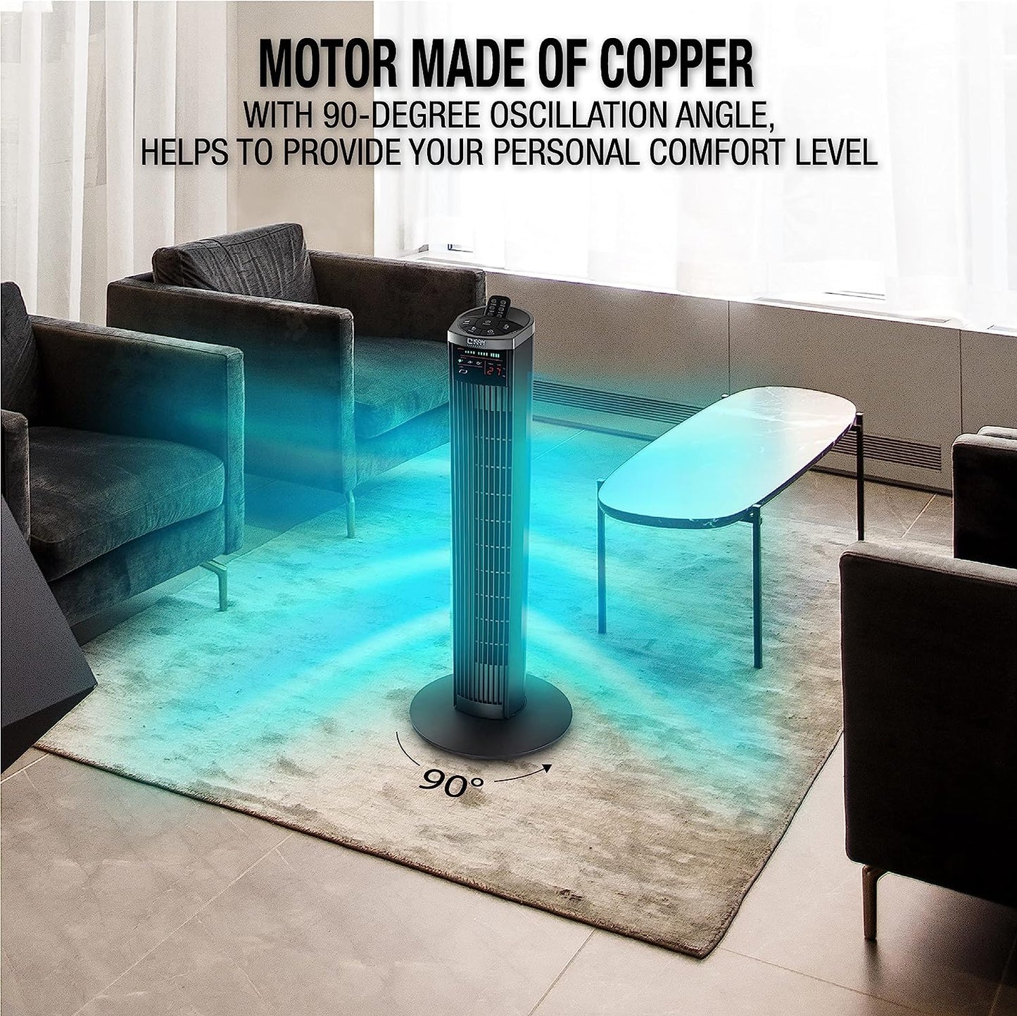 36-inch Oscillating Tower Fan with 3 Speed, 3 Breeze mode, LED display, Auto-Timer, and Remote Control