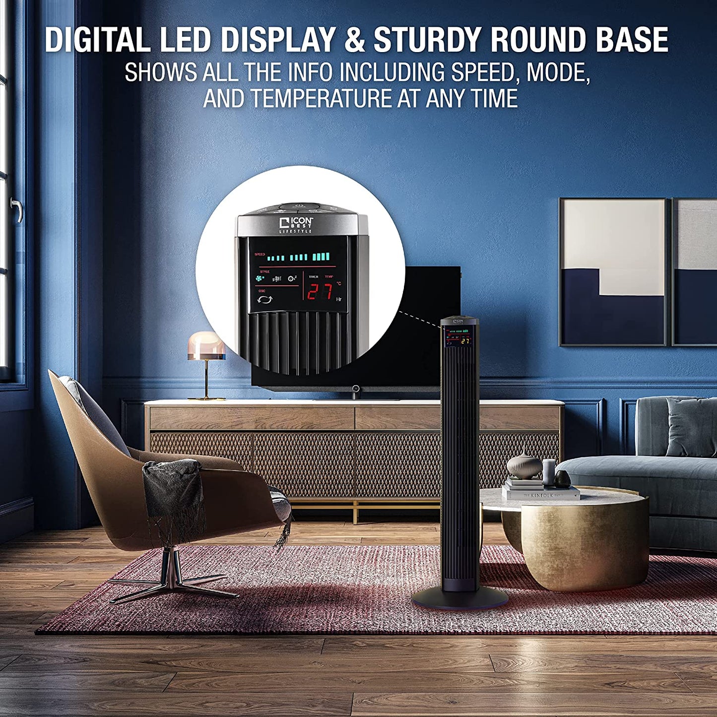 36-inch Oscillating Tower Fan with 3 Speed, 3 Breeze mode, LED display, Auto-Timer, and Remote Control