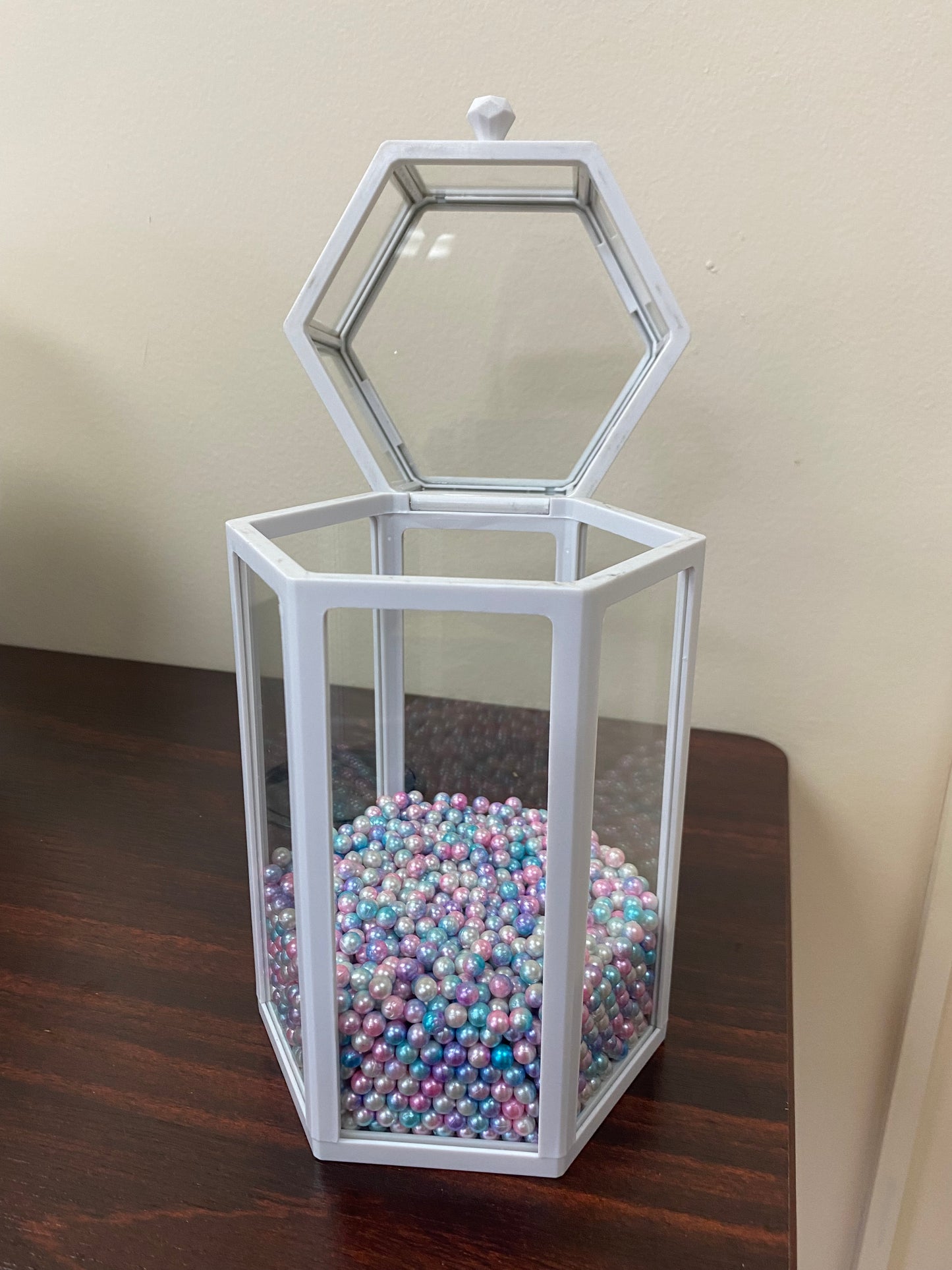 Makeup Brush Organizer with plastic pearl, Hexagon, glass, White