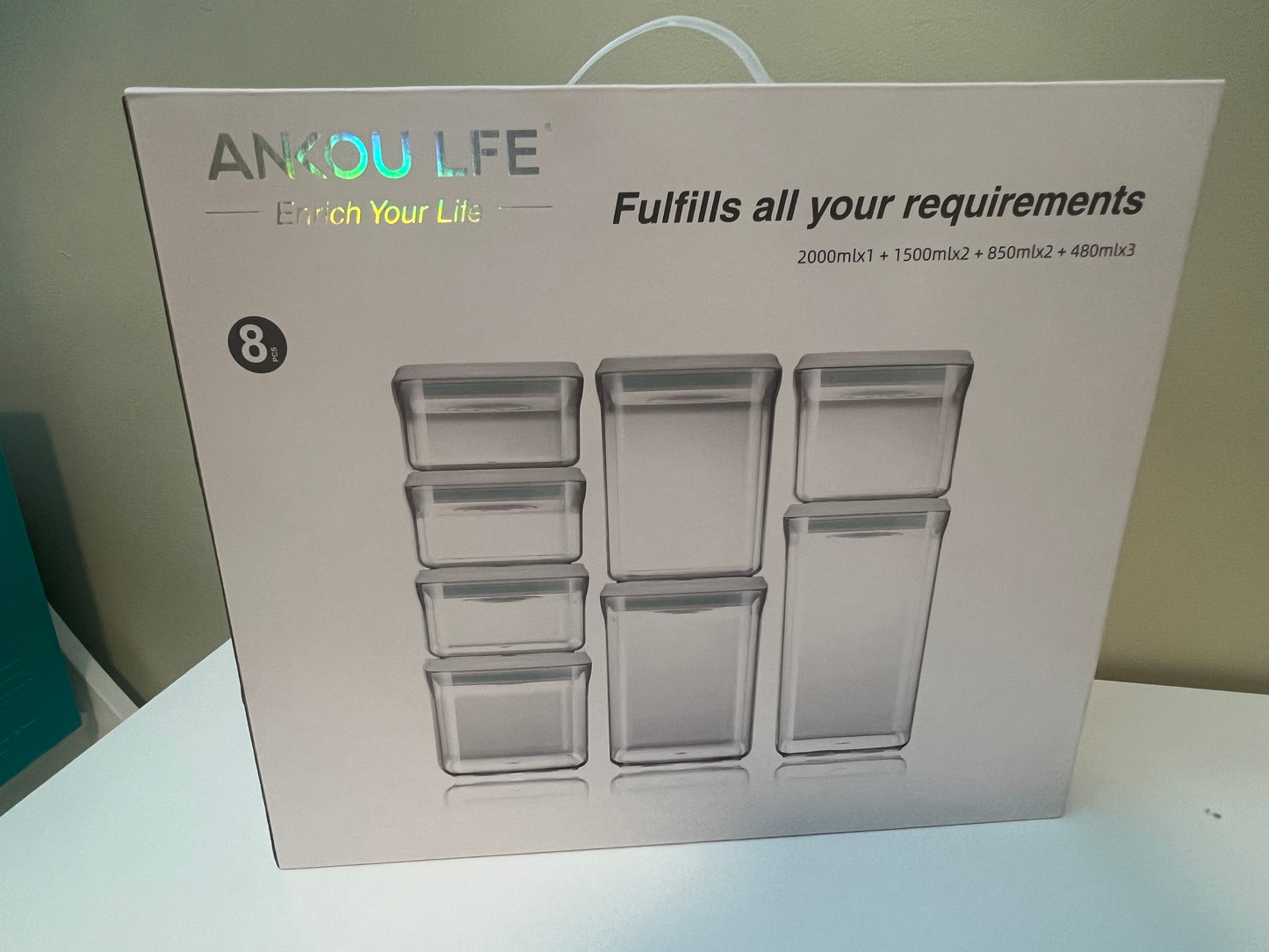 Airtight Container, 8 pcs set --Square, 480x3 850x2,  1500x2, 2500x1, Grey lid