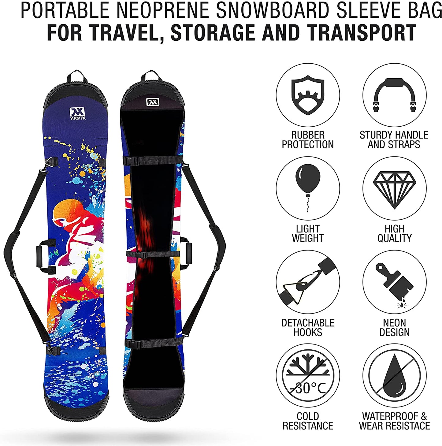 Portable Freestyle Neoprene Snowboard Sleeve, Snowboard Bag for Travel, Storage and Transport