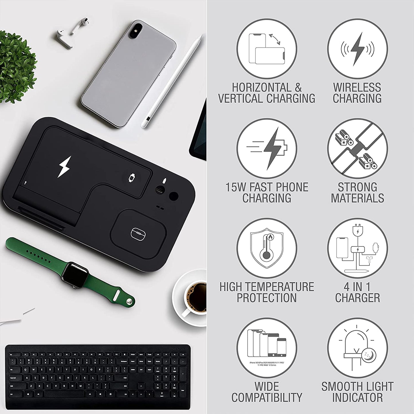 15W 4-in-1 Wireless Charging Station for Phone, Watch, AirPods, and Apple Pencil
