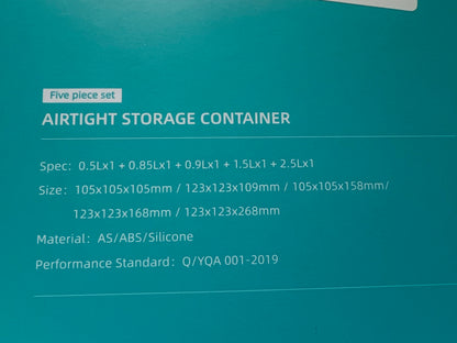 Airtight Container, 5 pcs set --Square, 500x1, 850x1,  900x1, 1500x1, 2500x1, Grey lid