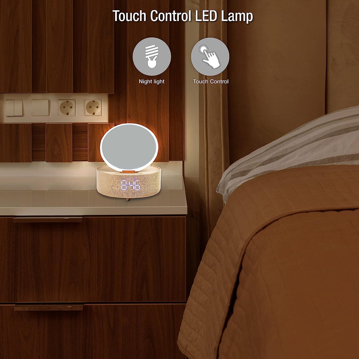 Multi-Function LED Lamp with Digital Alarm Clock, Qi Wireless Charging Pad, Speaker, FM Radio, Touch Control