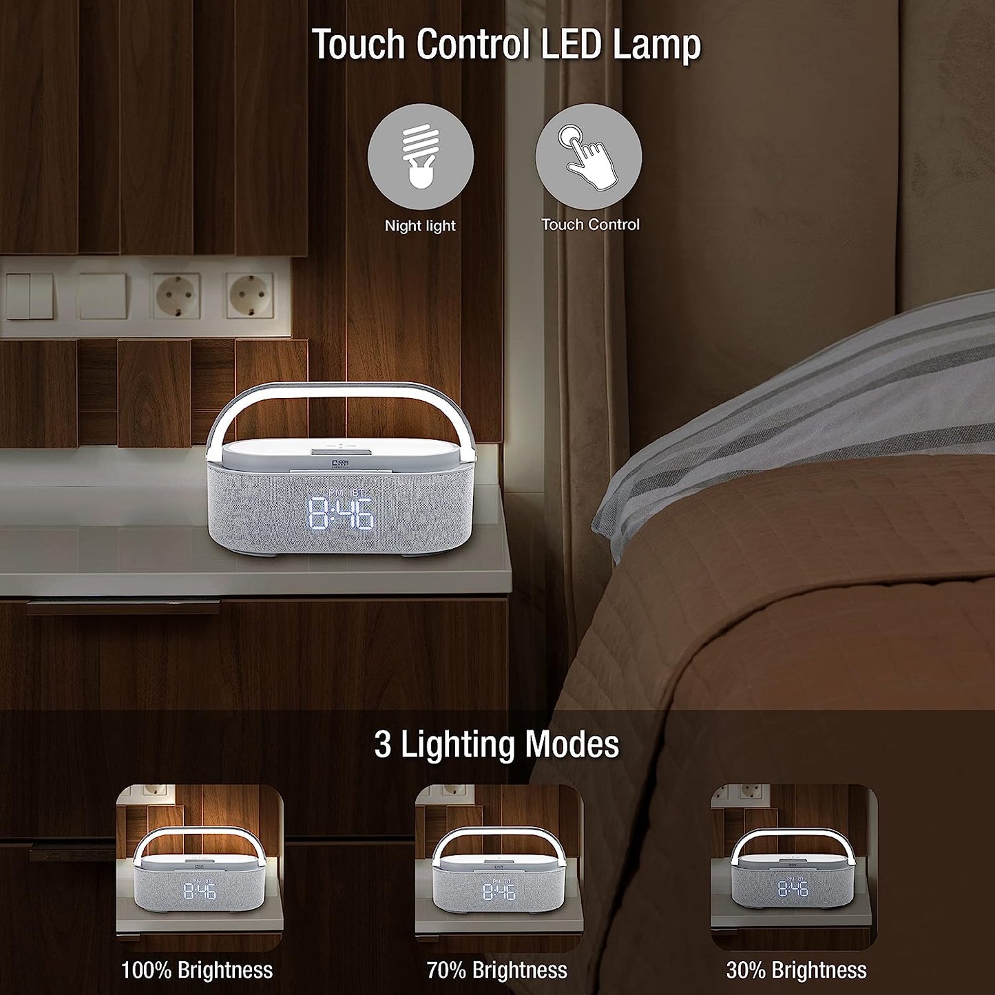 Multi-Function LED Lamp with Digital Alarm Clock, Qi Wireless Charging Pad, Speaker, FM Radio, Touch Control