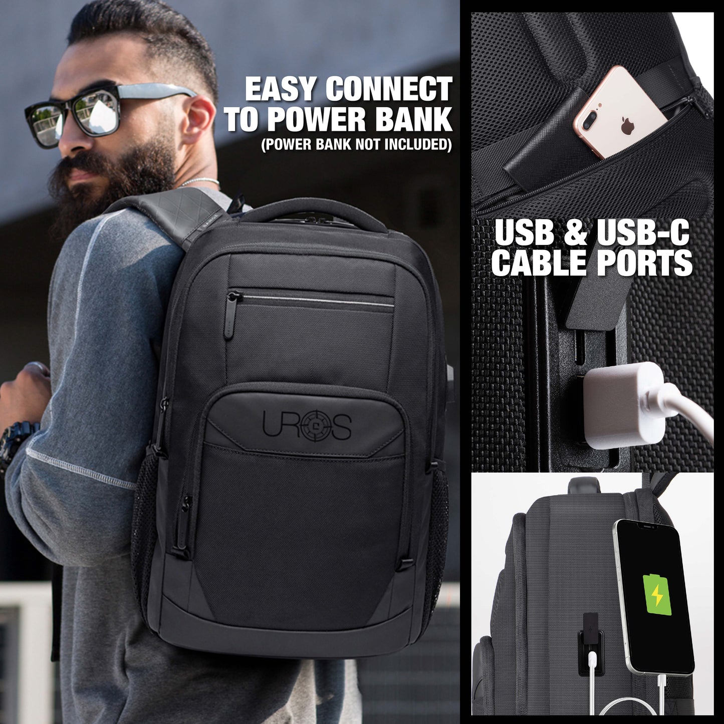 UROS Anti-Theft Smart Laptop Travel Backpack Power Bank & USB Charging Port 